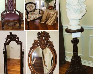 Indonesian Carved furniture: Round mirror, arm chair, Standing Mirror, Pedestal and Throne Chair