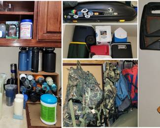 Camping Gear: Bug-out bags, backpacks, sleeping backs, hammock, water jugs and bottles, car carrier, Tools and Axes, Coolers