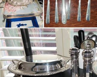 Silver plate trays and servers, flatware and table items