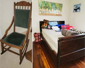 Queen bed (sold), antique rocker. Bed linens