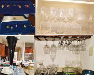 Bar Items: Decanters and Sets, Stemware Faberge wine tags, bottle chiller 