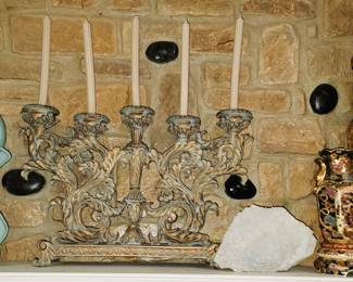 Large, heavy iron candelabra - Oriental Urns, wood clock