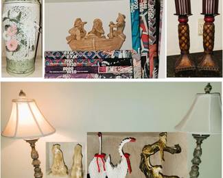 Oriental Decor: Urns, Carved figurines, Origami birds.  Candlesticks, lamps