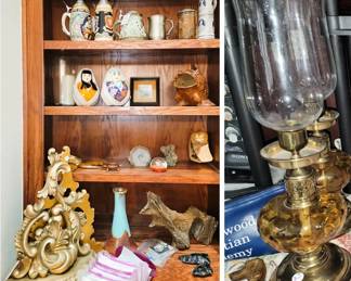 Brass/Glass candle holders, Oriental decor, rocks/fossil, steins