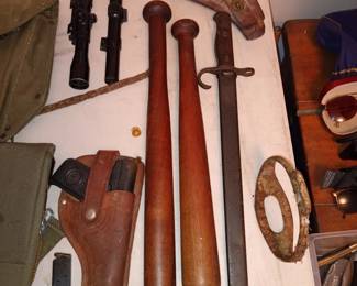 WWII Japanese Holster and Bayonet; Billy Clubs, Scopes, bb gun, etc