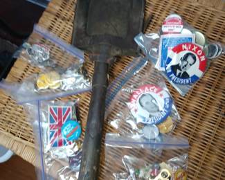 WWI German Trench Shovel, Political Pins (George Wallace, Richard Nixon, etc)