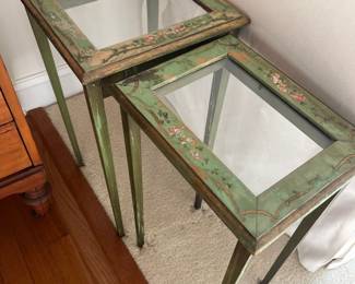 Handpainted Green glass top nesting tables 