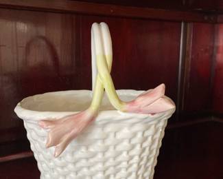 Vintage Portuguese Handpainted and Glazed White Porcelain Weaved Basket with Pink Tulips  