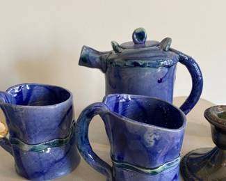 vintage glazed pottery blue pitcher and mugs 