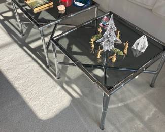 Pair of Chrome Faux Bamboo X Base End Tables with Smoked Glass Tops Mid Century 