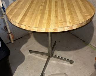 round top pine table on metal stand - 1950s 