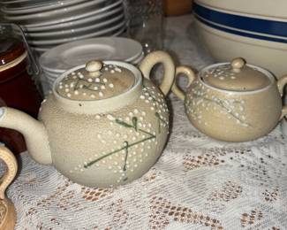 Antique Japanese Moriage Meiji Sharkskin Pottery  Teapot wtih Strainer 