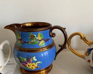 antique mid 1800s Staffordshire English Copper Luster Ware Pottery Pitcher 