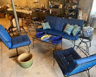 Outdoor Iron Set of Chairs Couch and Table with Cushions 