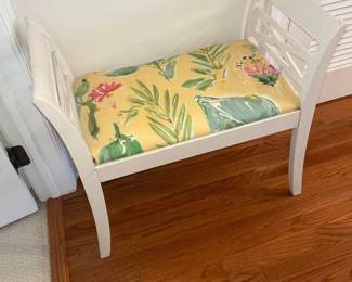 Tropical Coastal White Solid Wood Floral Upholstered Vanity Bench Chair 