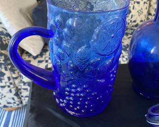Cobalt Blue Glass Pitcher w/ Fruit motif 