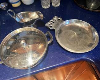Antique Silver Plated Tray, gravy tureen, covered sautepan 