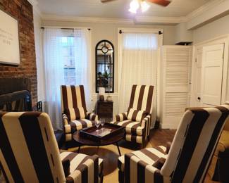Rare 4 identical Restoration Hardware woven ivory and brown fabric chairs.