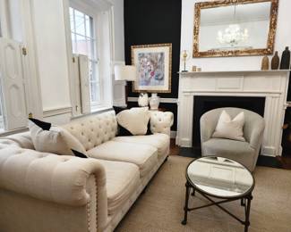 Metal and mirror top coffee table, crate and Barrel swivel chair