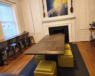 Pierre 1 dining table with 6 storage ottomans, windows bar table with 5 bar stools, wall art, giant spoon and fork