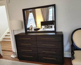 Wooden Amoire with brass handles. Entire set with king bed, 2 night stands, Dresser with mirror. 