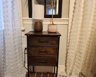 Antique wooden 3 tier night stand, lamp, mirror. 