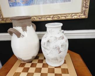 Ceramic pots, Chess table with drawer and pineapple base.