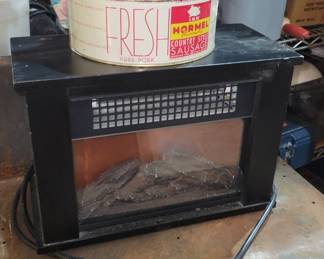 Hormel case, St Paul stockyard vintage hat, small electric fireplace 