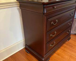 R4 - $225 - PAIR of nightstands. Measures 40" wide x 19" deep x 34.5" tall. All drawers slide easily. One has more wear on the top from drink - see photos.