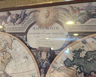 R65 - $45 - Large Framed "Mappe Monde" Print. Measures 42" x 34.5". Mappe Monde