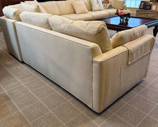 R89 - $1500. LARGE DOWN Sectional - (believed to be Henredon - but it was reupholstered and the tags are covered/gone) Moves in 3 pieces. Has been wrapped in plastic and in climate controlled storage in the home - we're trying to fluff the cushions back up! Assembled it is 10.5' left side x 12' right side. Happy to send measurements of each piece if needed. Couch sits very low - about 16". Back of the couch is 25". Cushions take it up to 30"