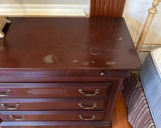 R4 - $225- PAIR of nightstands. Measures 40" wide x 19" deep x 34.5" tall. All drawers slide easily. One has more wear on the top from drink - see photos.