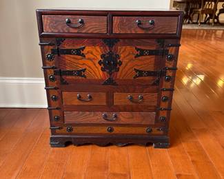 R27 - $125. Small Chest - not antique. Measures 20" wide x 13" deep x 22" tall. All drawers slide.