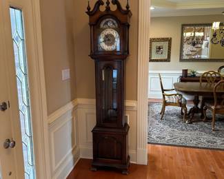R31 - $300 - Ethan Allen Grandfather Clock. Model 08 3805. Movement W. Finish 225. Measures 19.25" wide x 10.25" deep x 7' tall.