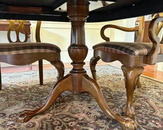R9 -$275 - Dining Room Table with 8 Chairs. Measures 44" wide x 6' long. 2 captains chairs - 6 regular. Includes 1 leaf - 15" wide. Top does have some wear - see photos. Very sturdy!