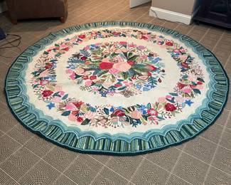 R70 - $60 - 91" Round Rug - Vintage Hooked Rug. Has been rolled in storage so we're still trying to get it flat! Has a few small spots. Beautiful colors!