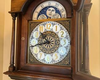 R31 - $300 - Ethan Allen Grandfather Clock. Model 08 3805. Movement W. Finish 225. Measures 19.25" wide x 10.25" deep x 7' tall.