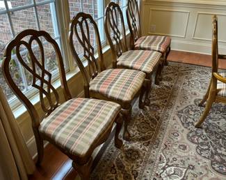 R9 -$275 -Dining Room Table with 8 Chairs. Measures 44" wide x 6' long. 2 captains chairs - 6 regular. Includes 1 leaf - 15" wide. Top does have some wear - see photos. Very sturdy!