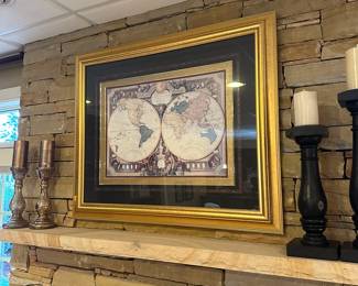 R65 - $45 - Large Framed "Mappe Monde" Print. Measures 42" x 34.5".