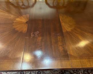 R9 -$275 -Dining Room Table with 8 Chairs. Measures 44" wide x 6' long. 2 captains chairs - 6 regular. Includes 1 leaf - 15" wide. Top does have some wear - see photos. Very sturdy!