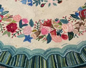 R70 - $60 - 91" Round Rug - Vintage Hooked Rug. Has been rolled in storage so we're still trying to get it flat! Has a few small spots. Beautiful colors!