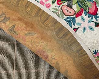 R70 - $60 - 91" Round Rug - Vintage Hooked Rug. Has been rolled in storage so we're still trying to get it flat! Has a few small spots. Beautiful colors!