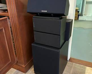 R110 - $300 - Set of 4 Atlantic Technology Speakers. Model 273 mC Center Channel Speaker. Model 271 LR Front Channel Speaker x 2. Powered Subwoofer 272 PBM