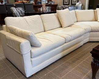 R89 - $1500. LARGE DOWN Sectional - (believed to be Henredon - but it was reupholstered and the tags are covered/gone) Moves in 3 pieces. Has been wrapped in plastic and in climate controlled storage in the home - we're trying to fluff the cushions back up! Assembled it is 10.5' left side x 12' right side. Happy to send measurements of each piece if needed. Couch sits very low - about 16". Back of the couch is 25". Cushions take it up to 30"