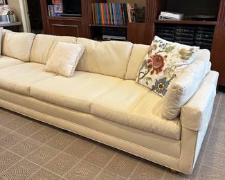 R89 - $1500. LARGE DOWN Sectional - (believed to be Henredon - but it was reupholstered and the tags are covered/gone) Moves in 3 pieces. Has been wrapped in plastic and in climate controlled storage in the home - we're trying to fluff the cushions back up! Assembled it is 10.5' left side x 12' right side. Happy to send measurements of each piece if needed. Couch sits very low - about 16". Back of the couch is 25". Cushions take it up to 30"