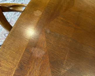 R9 -$275 - Dining Room Table with 8 Chairs. Measures 44" wide x 6' long. 2 captains chairs - 6 regular. Includes 1 leaf - 15" wide. Top does have some wear - see photos. Very sturdy!