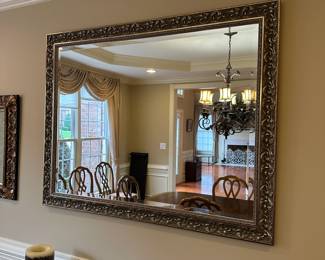 R12 - $95 - Large Wall Mirror measures 54.5" wide x 42.5" tall. Silver with gold accents.