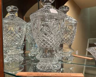 R112 - $95 - HUGE Crystal Lidded Vessel. Measures 8" wide x 17.25" tall. Heavy - no issues noted.