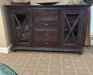 R71 - $125 - Media Center or Office Storage. Measures 5' long x 19" deep x 37" tall. Top drawer is a little sticky - the others all work great. Shabby/Rustic Look.