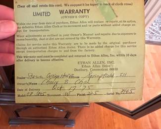 R31 - $300 - Ethan Allen Grandfather Clock. Model 08 3805. Movement W. Finish 225. Measures 19.25" wide x 10.25" deep x 7' tall.